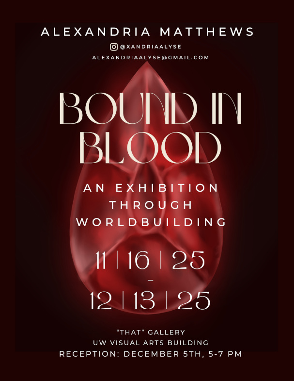 Exhibition poster with a red jewel and event information in white lettering centered on a black background.