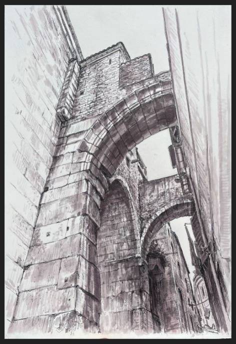 Black and white pencil drawing of brick arches in Croatia 