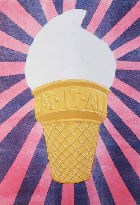 Print of vanilla soft-serve ice cream cone with Eat-it-all stamped around the rim centered on a background of purple and pink radiating rays.