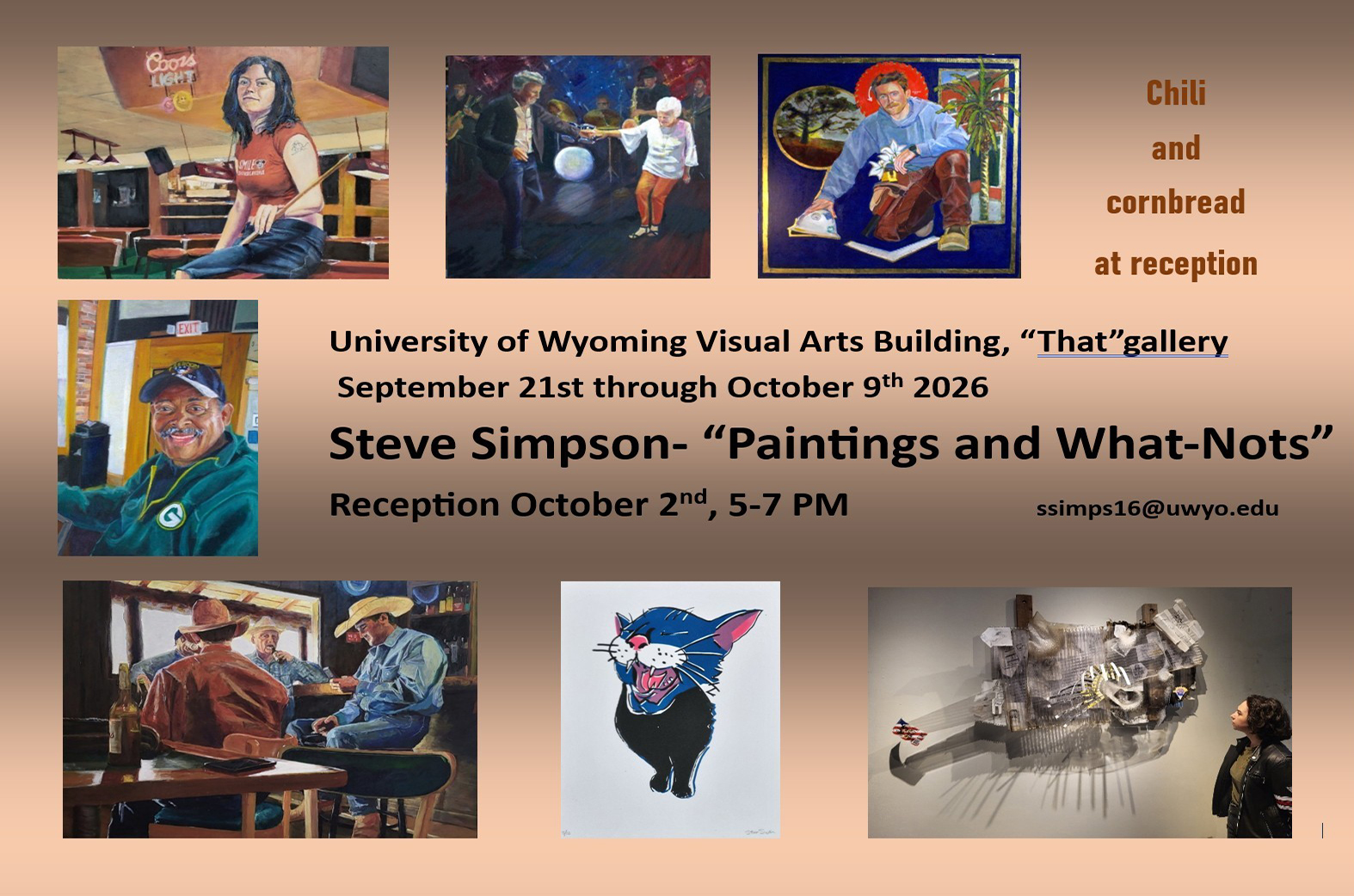 Paintings and What-Nots" event poster presenting multiple oil paintings for gallery show 2 on Oct 2, 2026