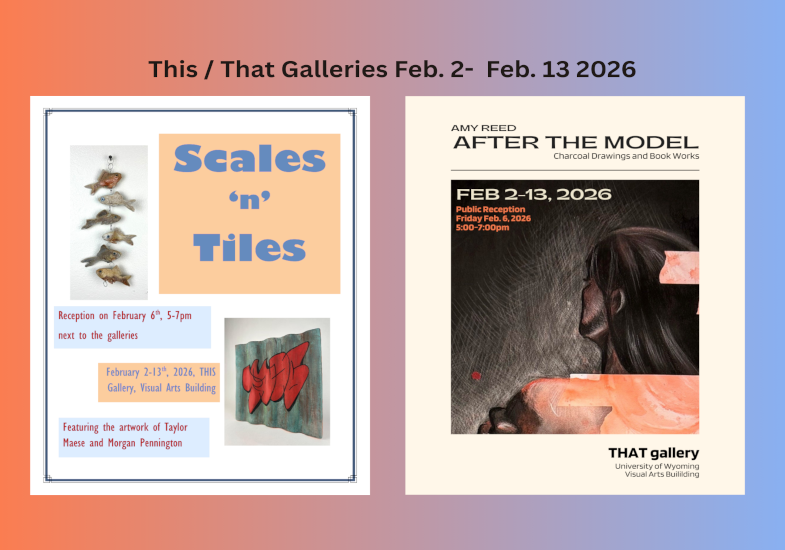Two gallery exhibition posters sitting side by side on a gradient background of periwinkle blue and burnt orange.
