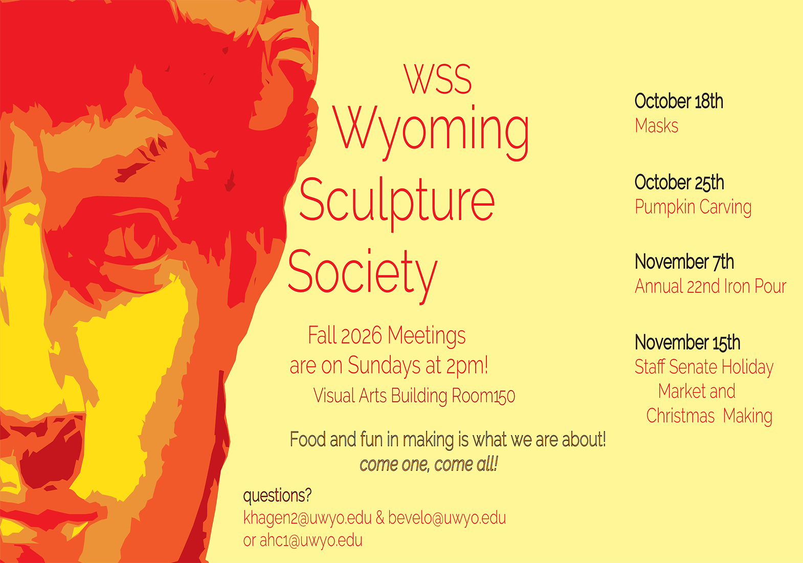 Event Poster with an orange sculpted face and lettering on a yellow background.