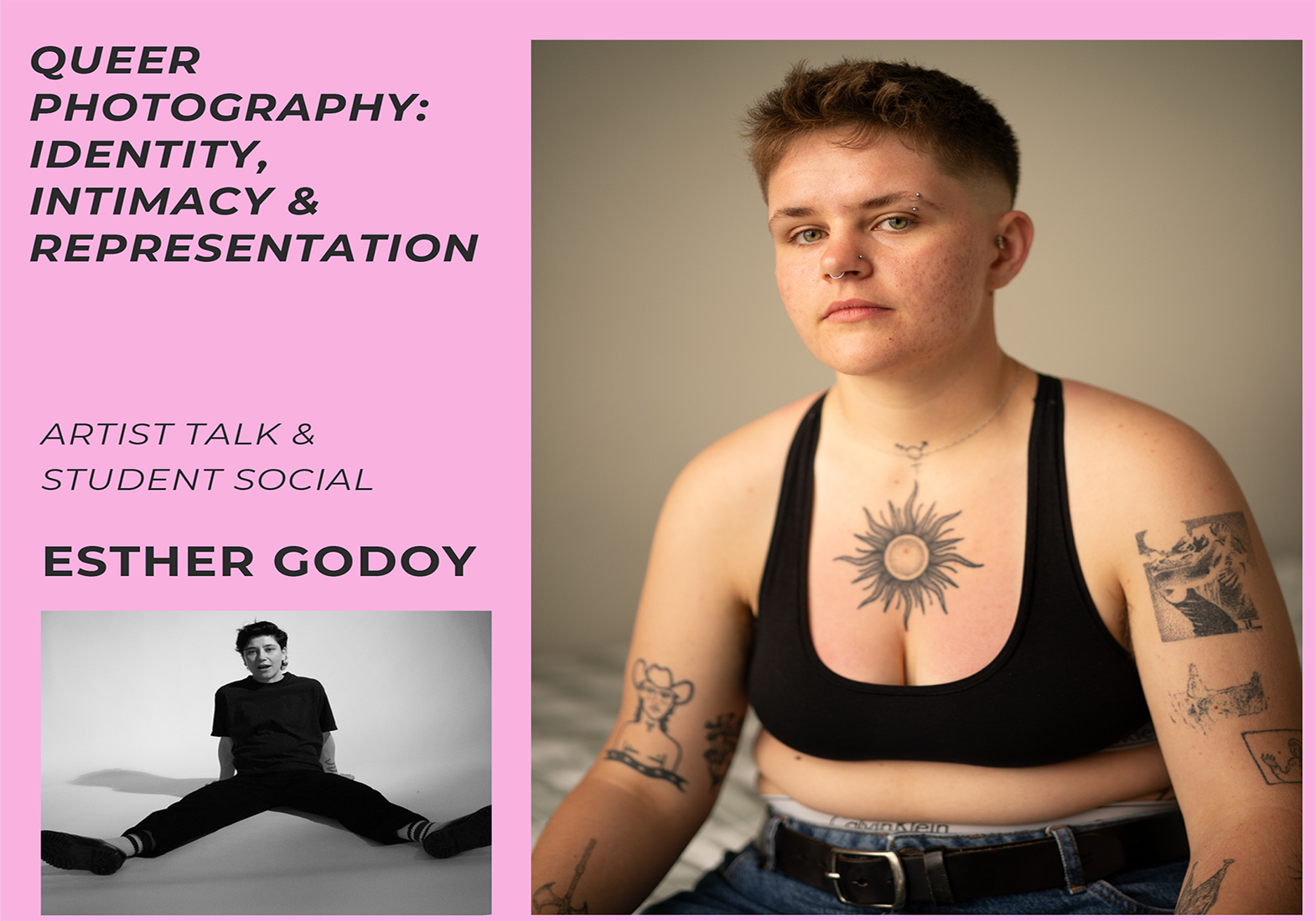 Event poster with featuring headshot of Ester Godoy