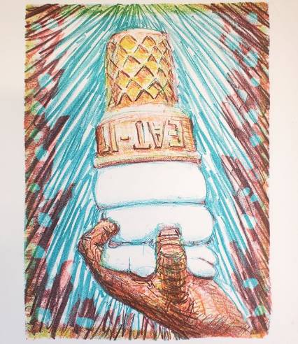 Print of hand holding upside ice cream cone.