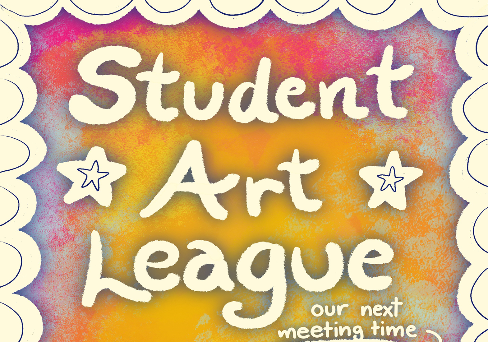 Student Art League in white bubble letters on texured backround of red, yellow, and blue