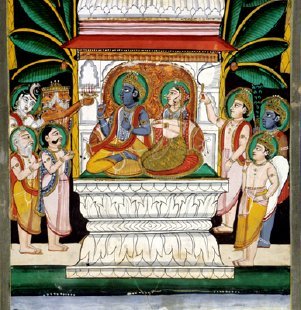 "Krishna and Radha on Dais with other Gods in Attendance"