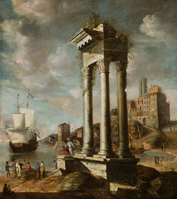 Jan Abrahamsz Beerstraaten (Dutch, 1622-1666)'s "Harbor Scene with Architectural Ruins"