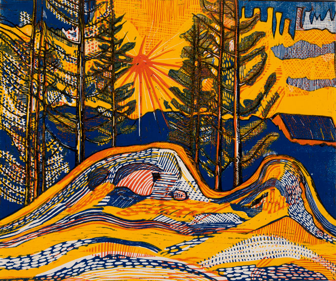 Jarle Rosseland, Norwegian, b.1952, Clown's Garden, 1975, Color linocut on paper
