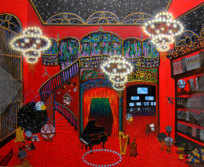 Michiko Itatani (Japanese-American, b.1948), Cosmic Returning from Quantum Chandelier 21-B-01, 2021, oil on canvas, 78 x 96 inches, courtesy of the artist