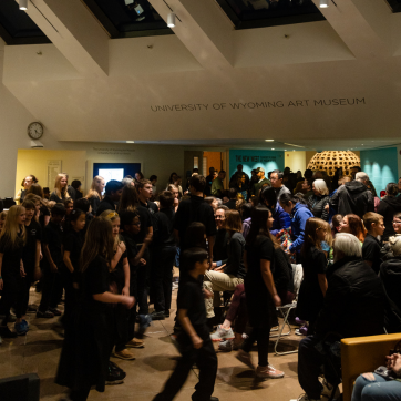 Visitors in the museum's lobby
