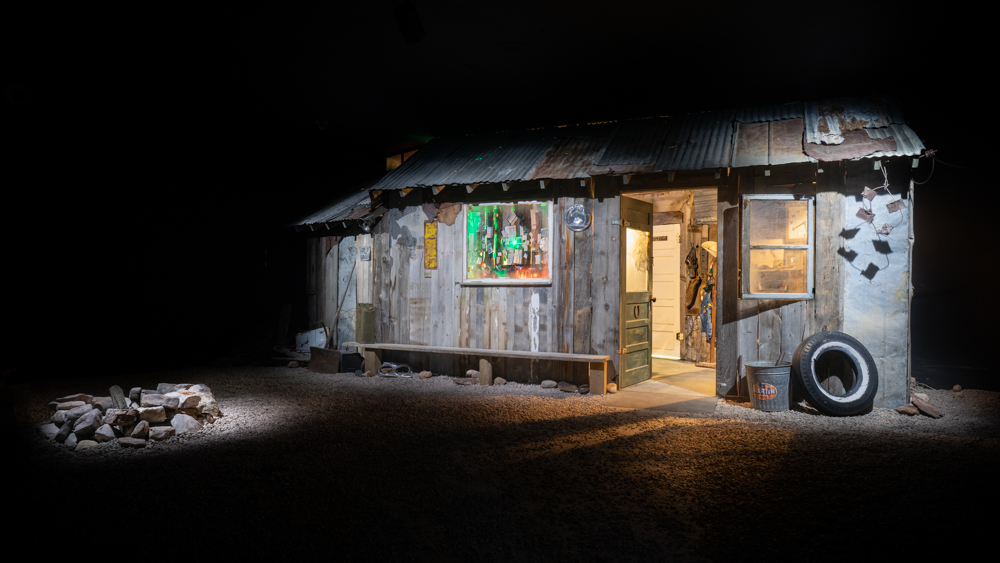Installation view of "Where the Heck is Yucca Fountain?", the exterior of Bert Tuttle's workshop