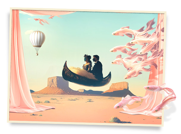 UWAM 2025 gala graphic of a couple in masquerade masks in a colorful, floating canoe