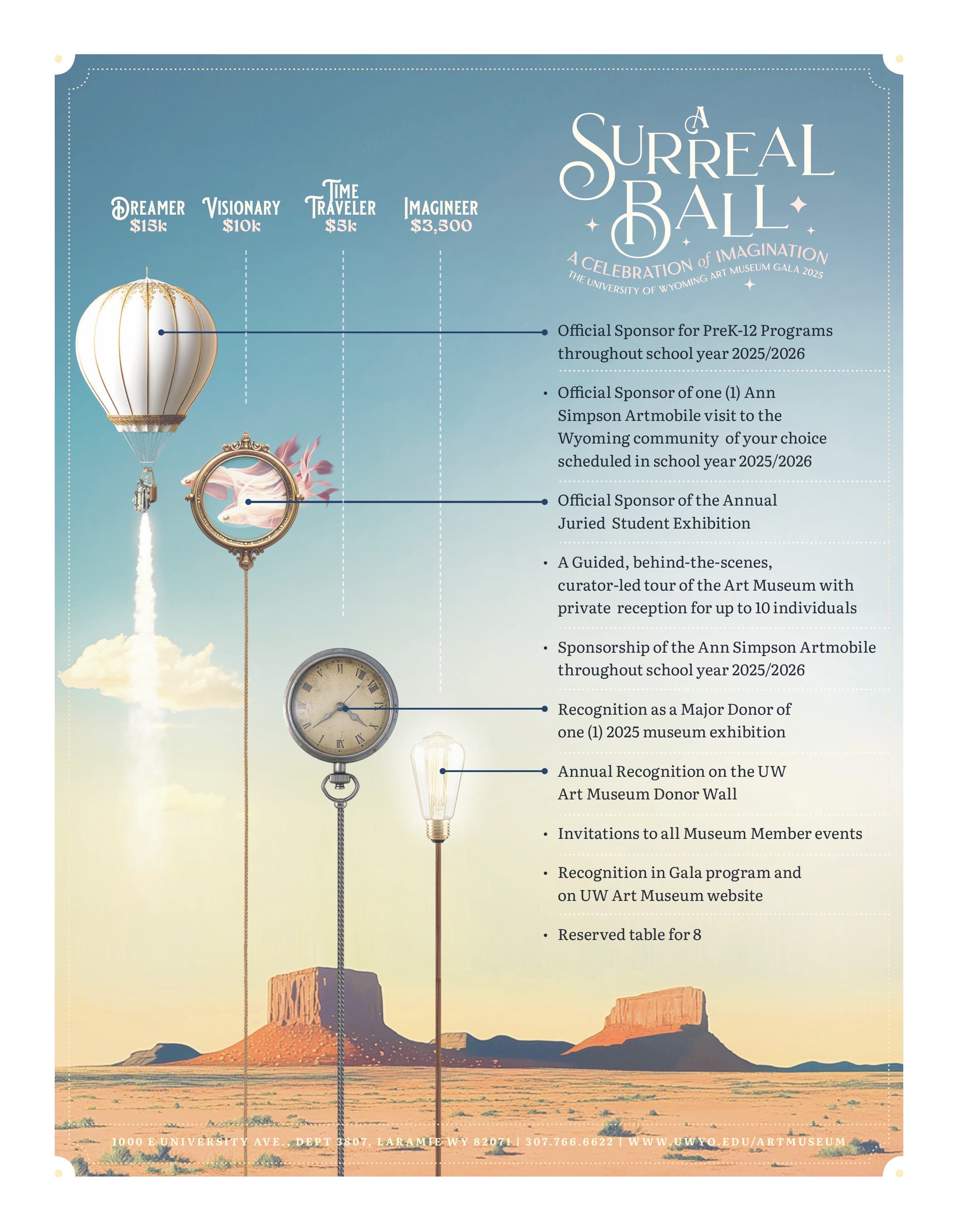 UWAM's gala sponsorship levels: Dreamer $15k, Visionary $10k, Time Traveler $5k, Imagineer $3,500