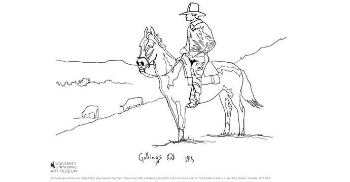 Bill Gollings coloring book page. The page depicts artwork from the Art Museum's collection.