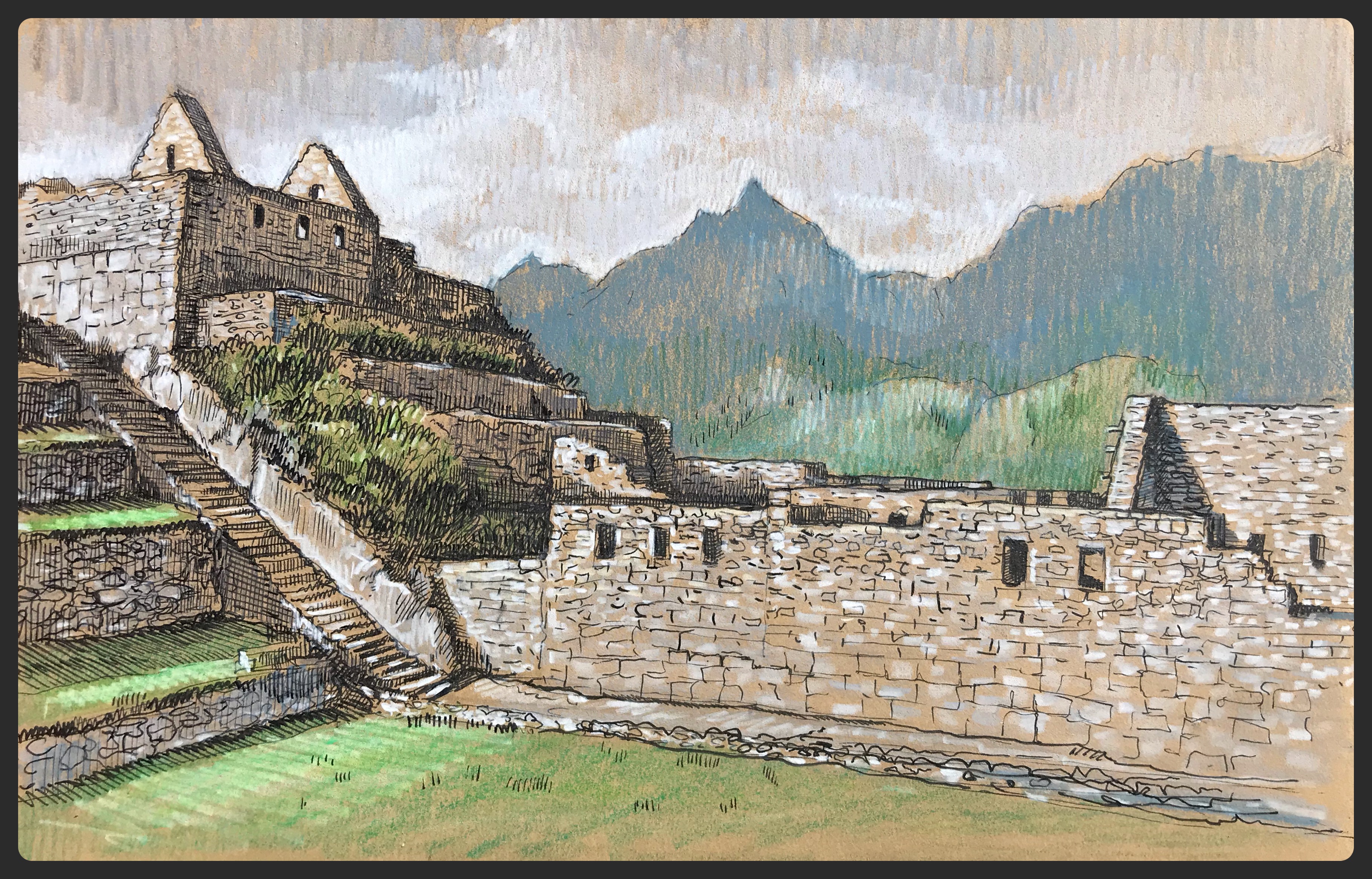 Doug Russell, Virtual Sketch of Machu Picchu, Peru, 2020, Platinum Carbon Black ink in a TWSBI vac700r fountain pen with Prismacolor pencils on brown Stonehenge paper, 7.5 x 11 inches, courtesy of the artist