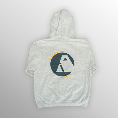 The back of a gray hoodie with a “UWAM” logo on the front left chest and large circular “A” graphic on the back