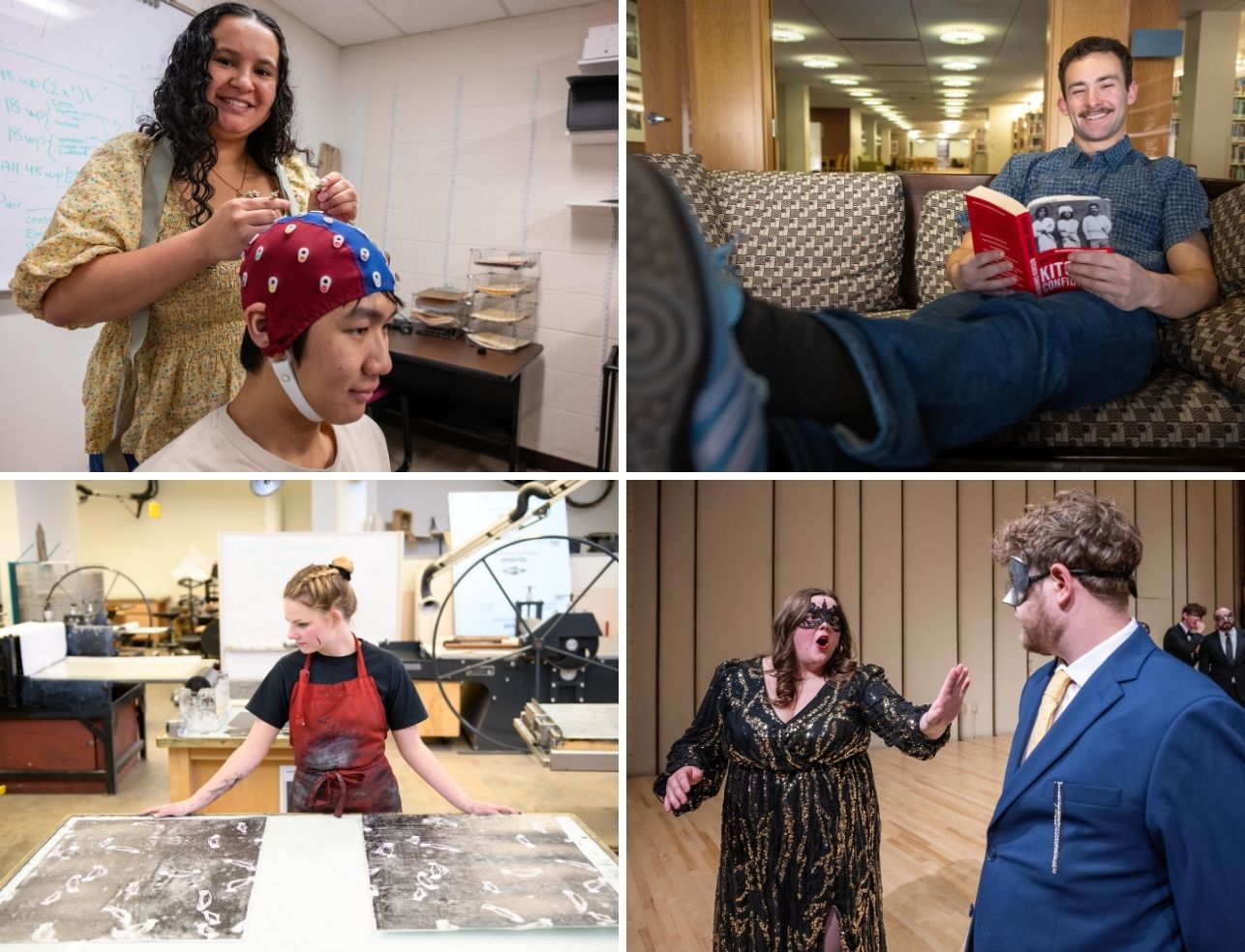 Four photos showing the breadth of A&S programs, including music, psychology, art, and humanities