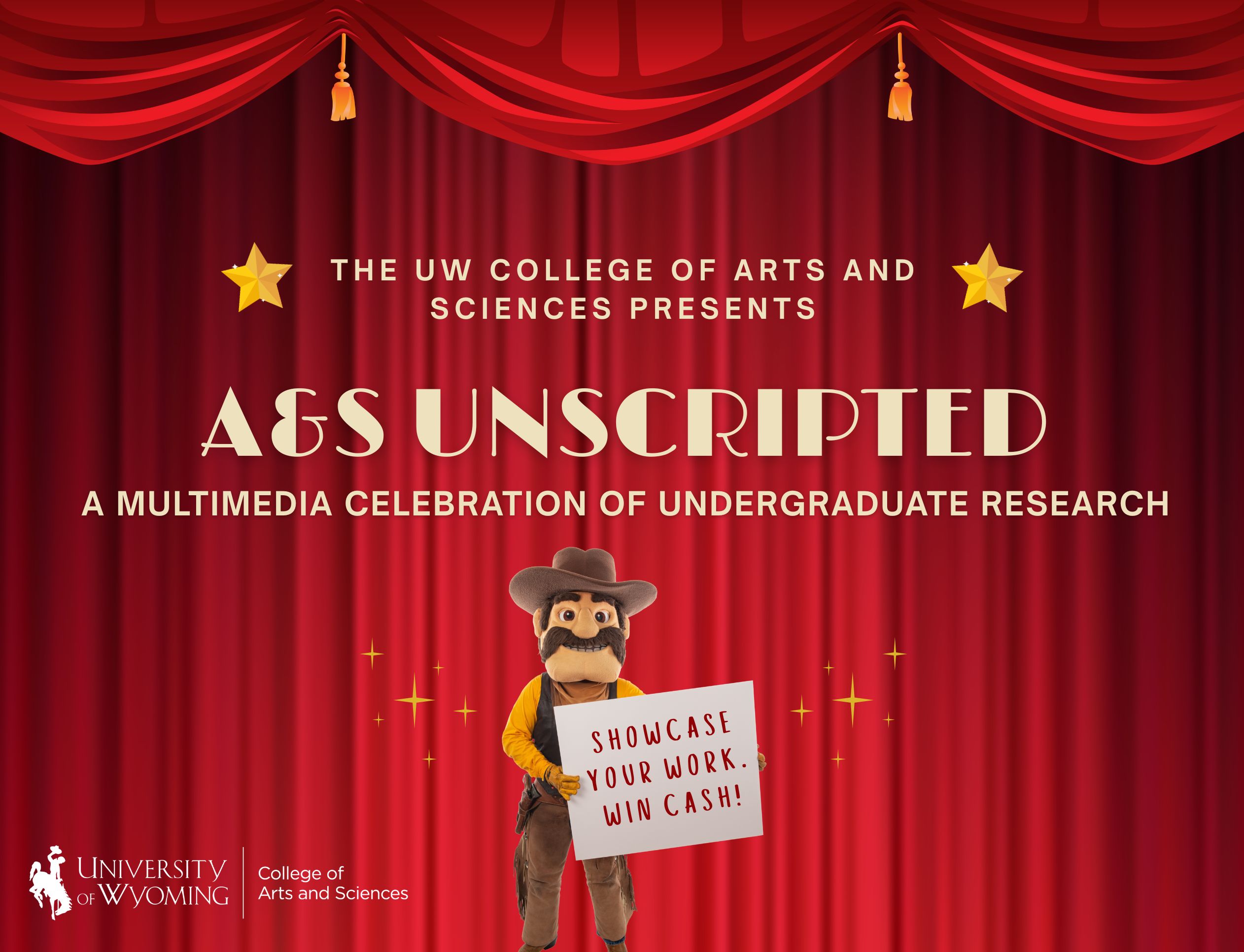 A&S Unscripted graphic that includes a red curtain with text that says "a multimedia celebration of undergraduate research"