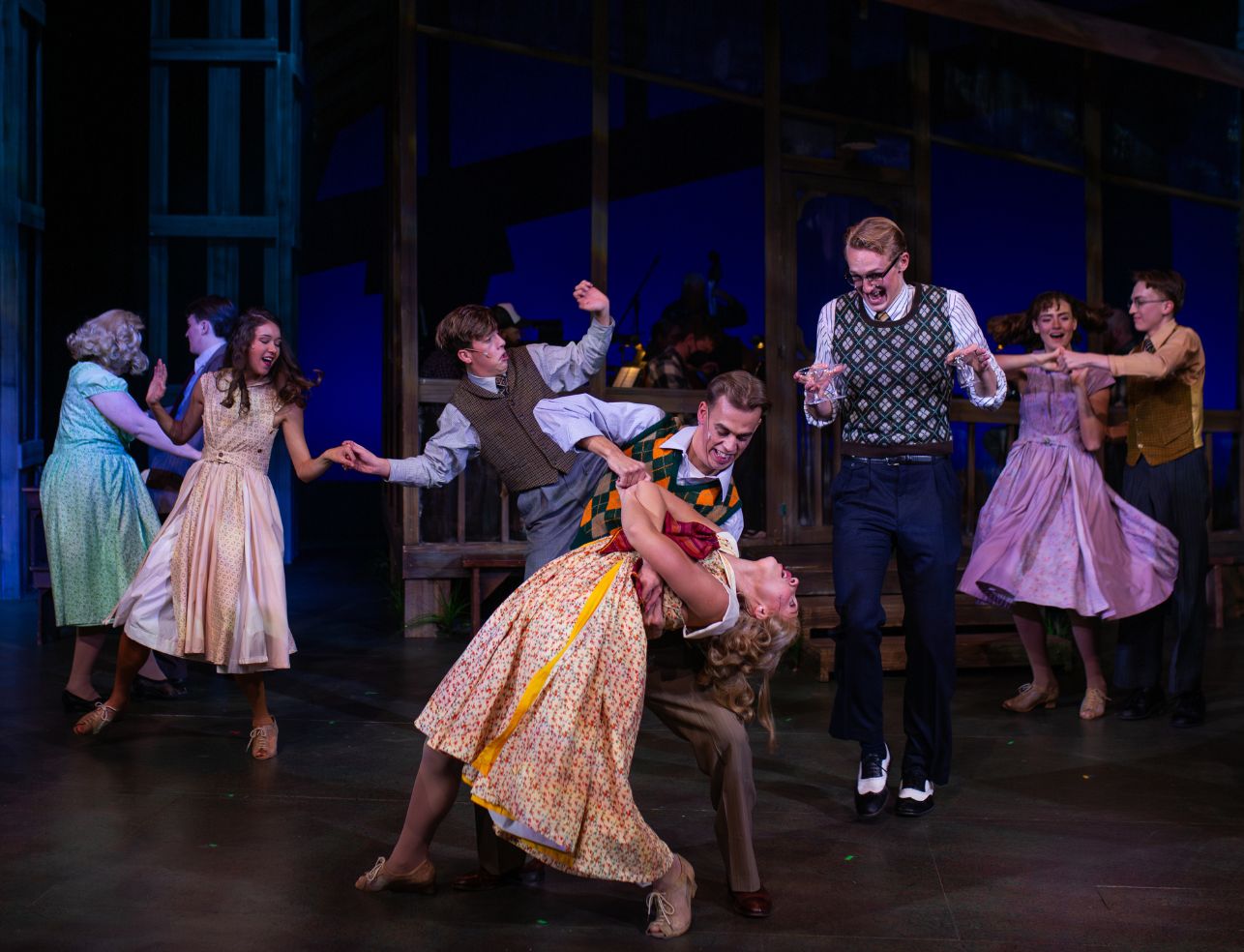 Cast members from Bright Star dance on stage during one of their performances. 