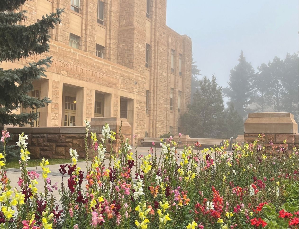 A photo of the front of the A&S building on a foggy morning.