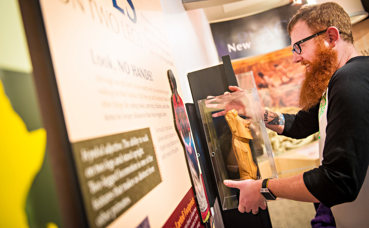 student setting up exhibit in the Anthropology Building