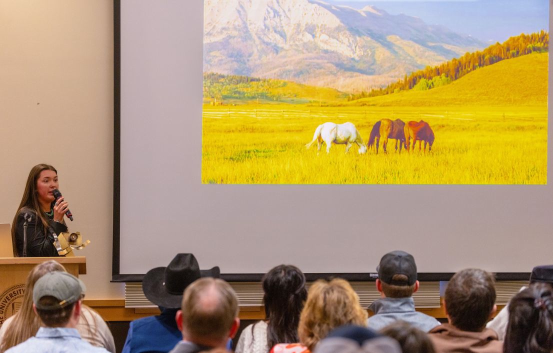 The Larsh Bristol 2026 recipient presenting in the Union to a crowd of people.