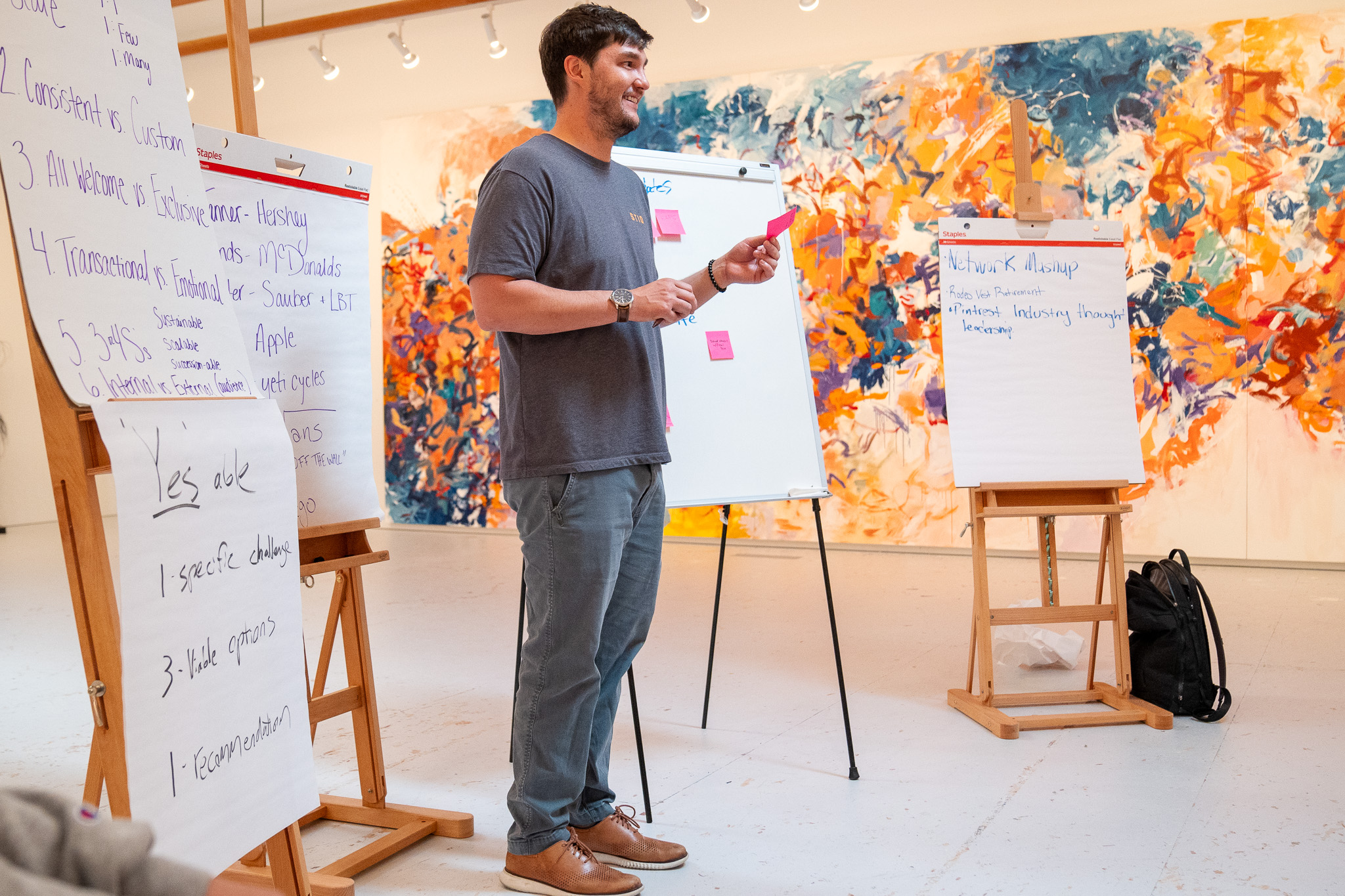 man stands in front of multiple easels coered with writing and sticky notes