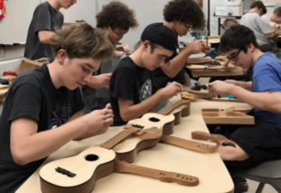Young people assembling ukuleles