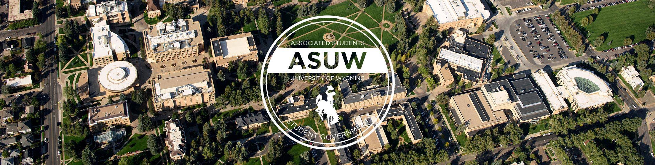 Aerial view of campus in the summer with ASUW logo