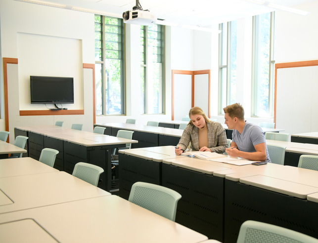 Two students talking at desk