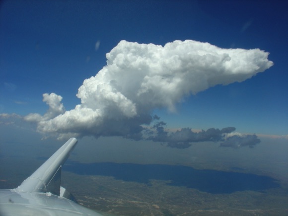 View from airplane looking at clouds and sky