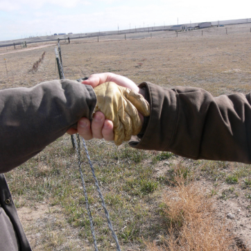 Two people wearing gloves shaking hands over a rural field with fencing in the background.