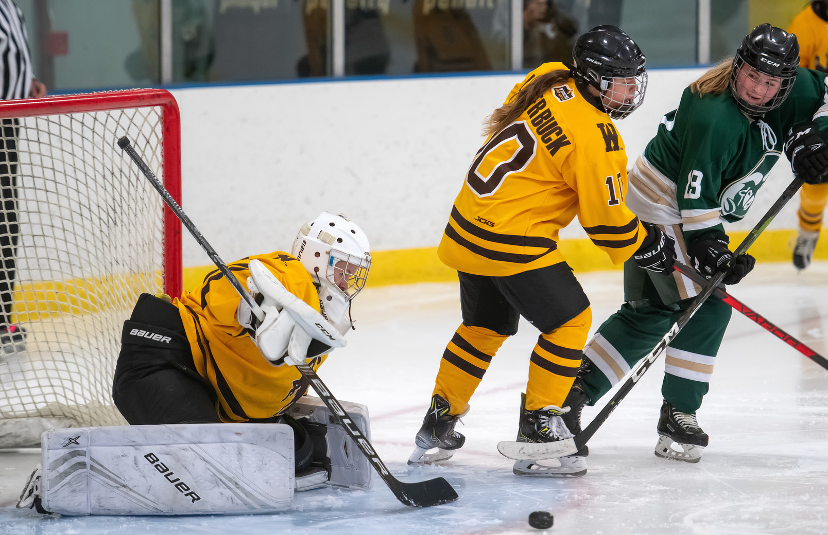 UW Womens Hockey team goaly defending the goal.
