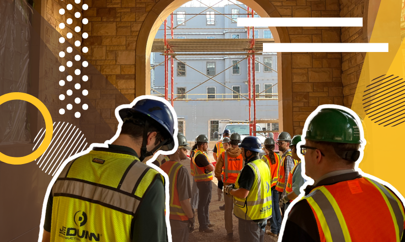 ASCE student in hard hats touring the dorm construction 