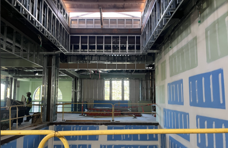skylight under construction in the dorms building