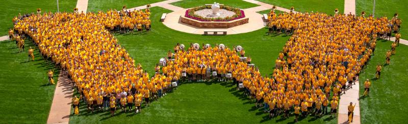 UW freshman incoming class stands in a "W" formation