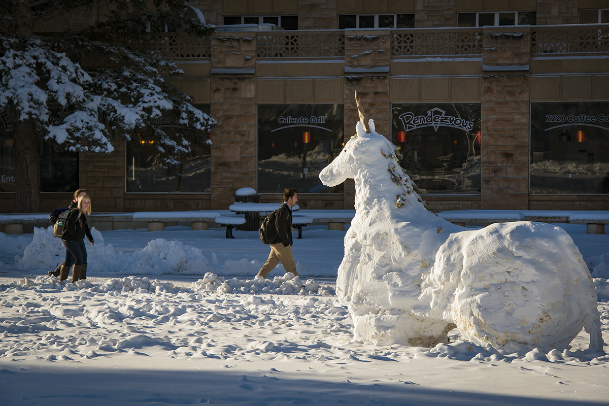 A horse made of snow sits in Prexys Pasture