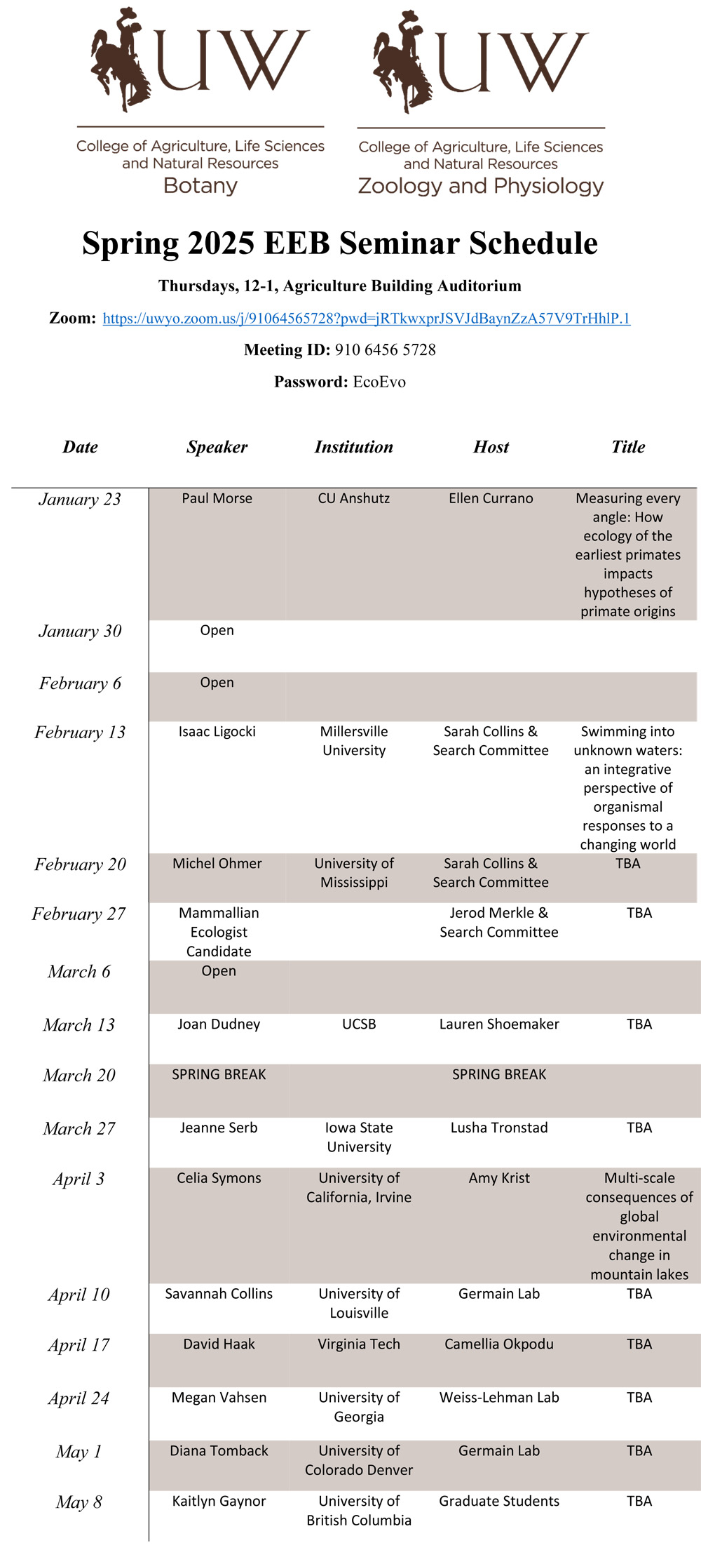 Spring 2025 EEB Seminar Schedule