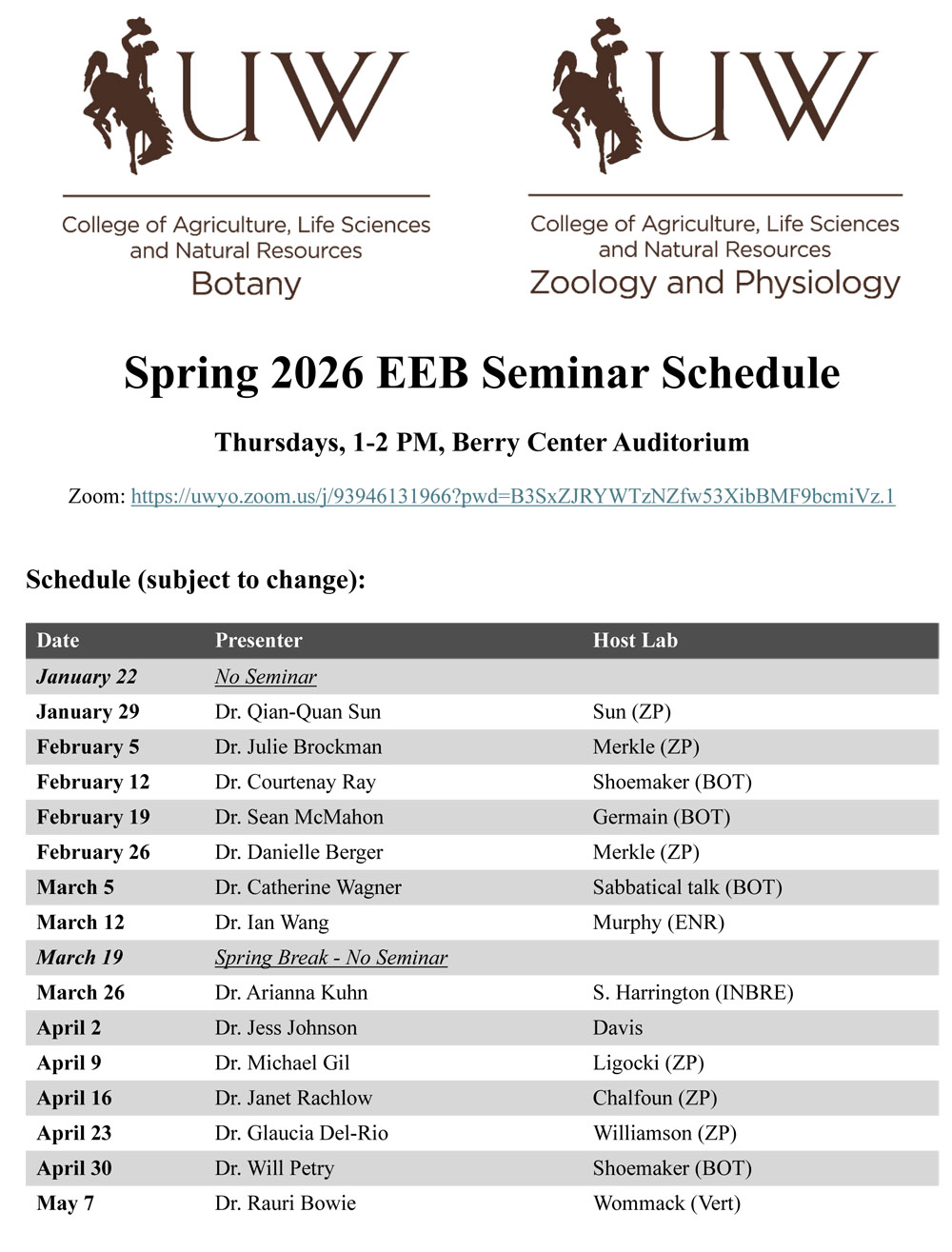 Spring 2026 EEB Seminar Schedule