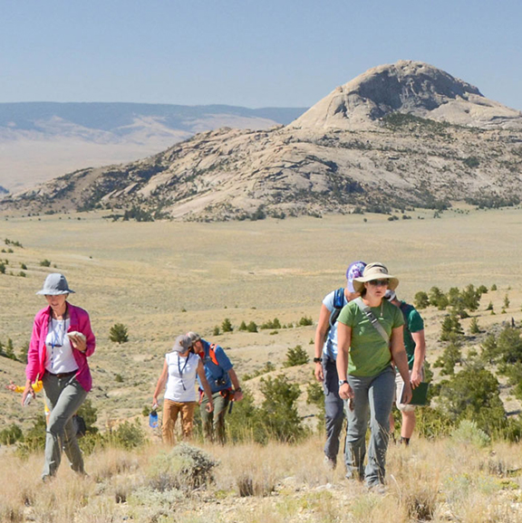 students on rocky mountain field trip walk in field