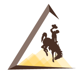 Icon of Wyoming's Steamboat bucking horse surrounded by an incomplete triangle with yellow mountains in the background