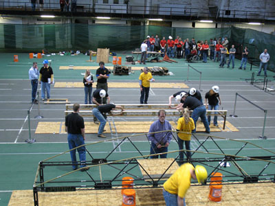 Students working on bridge competition - close up