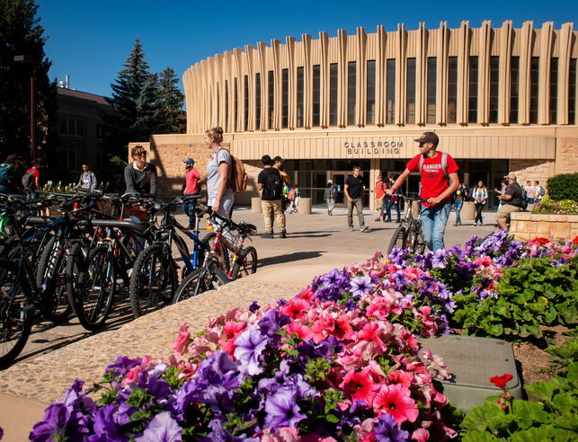 Outside of the Classroom Building with Flowers and Bicycle Racks