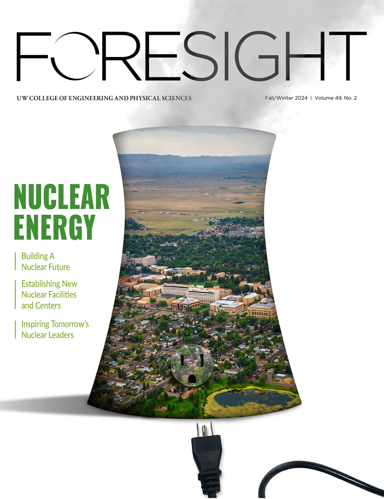 This is an image of the cover of the fall 2019 Foresight issue. It show four floors of the open-air Engineering Education and Research Building