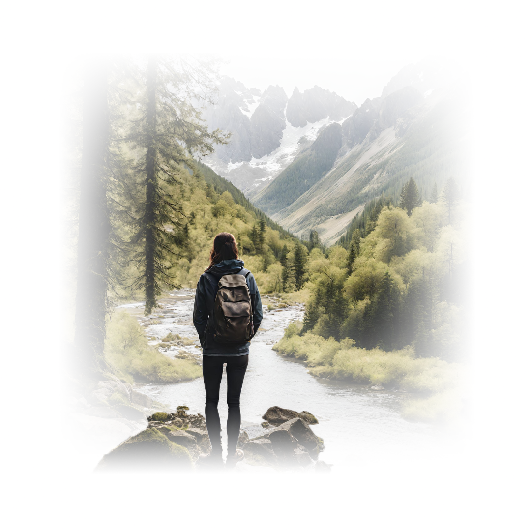 hiker in woods by stream looks at mountains