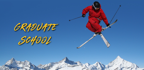 skier jumping with skis crossed against a blue sky with white snowy mountain peaks in the background