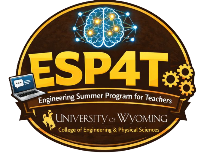 ESP4T program logo featuring text ESP4T Engineering Summer Program for Teachers University of Wyoming College of Engineering and Physical Sciences and graphics of gears, a laptop, and an electronic brain