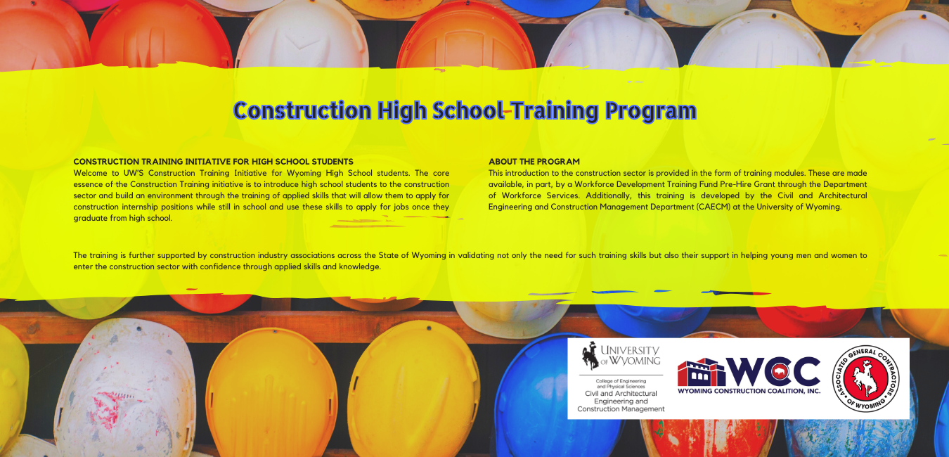 Colorful hard hats with yellow writing of Construction High School Training