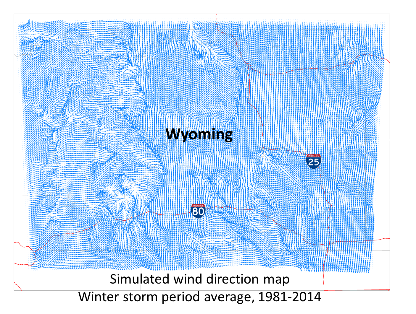 Simulated direction of wind map of Wyoming