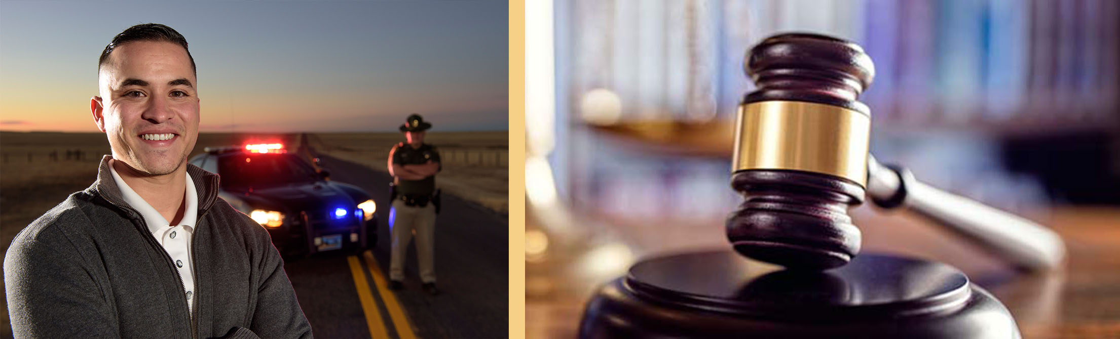 criminal justice student in front of a police officer and his vehicle and an image of a judge's gavel